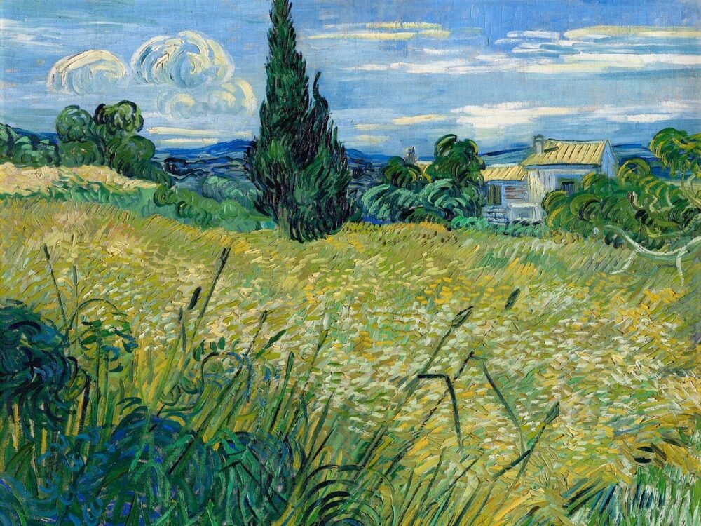 Vincent van Goghs Landschaftsgemälde Grünes Weizenfeld mit Zypresse (1889) Vincent van Gogh Feld