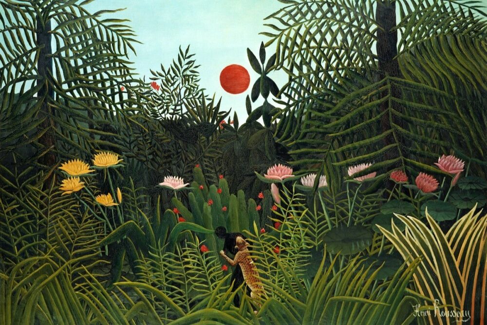 Henri Rousseaus berühmtes Gemälde Virgin Forest with Sunset (1910) Henri Rousseau Baum
