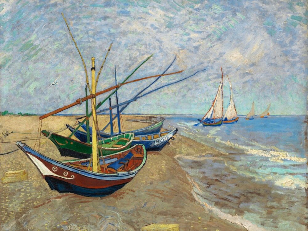 Vincent van Goghs berühmte Landschaftsmalerei Fischerboote am Strand von Saintes-Maries (1888) Vincent van Gogh Van Gogh