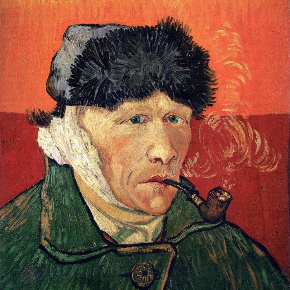 Vincent van Goghs berühmtes Gemälde Selbstbildnis mit verbundenem Ohr und Pfeife (1889) Vincent van Gogh Ohr